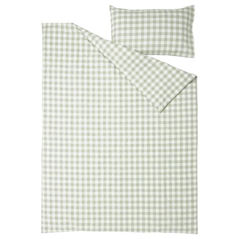 EKTANDVINGE duvet cover and pillowcase, pale grey-green white/check ...