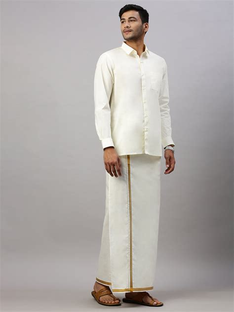 Ramraj Genxt Mens Readymade Dhoti Cream with Gold Jari 3/4" C198