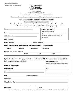 Fillable Online coastalbend TSI ASSESSMENT REPORT REQUEST FORM Date ...