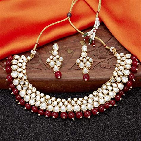 Buy Sukkhi Attractive Gold Plated Maroon Pearl & Kundan Choker Necklace ...