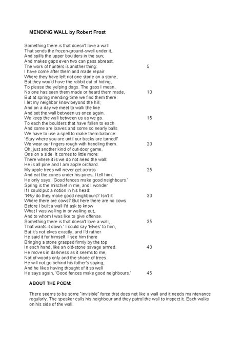 Mending Wall - poem notes and questions - MENDING WALL by Robert Frost ...
