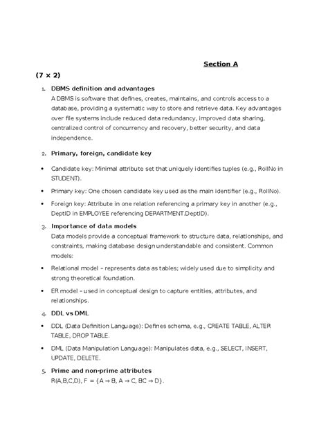 Solution PUT DBMS - question answer of test - Section A (7 × 2) DBMS ...