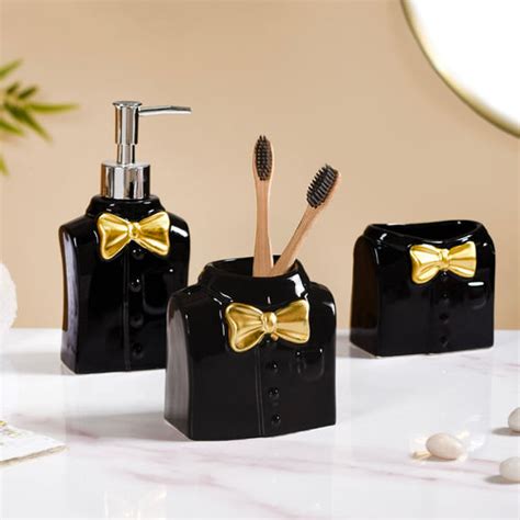 Chic Black Bathroom Accessories Set Of 3 Online - Premium Bath Set ...