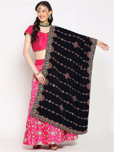 Velvet Dupatta with Floral Embroidery Dupatta Bazaar