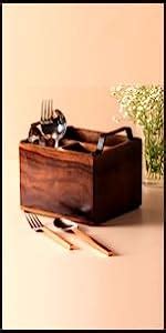 nestroots Wooden Cutlery Holder Spoon Stand and Serving Tray with Gold ...