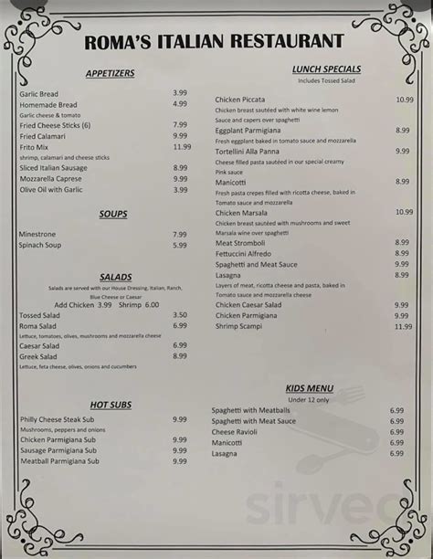 Menu for Roma's Italian Restaurant in Pleasanton, TX | Sirved