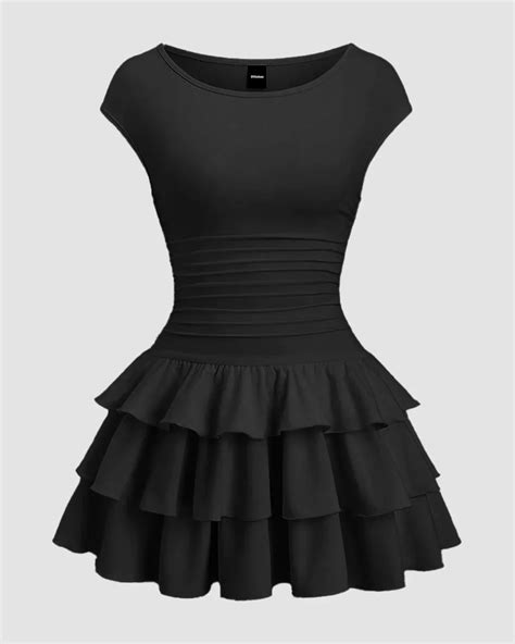Ruched Waist Tiered Ruffle Mini Dress in Black - Littlebox India