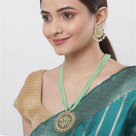 Buy Karatcart Gold Plated Antique Lime Green Kundan Rani Haar Beaded ...