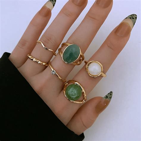 Dellgoo 6pcs Geometric Faux Green Jade Knuckle Rings | SHEIN USA