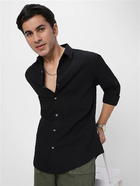 Men's Black Cotton Full Sleeve Regular Fit Textured Shirt with Spread ...