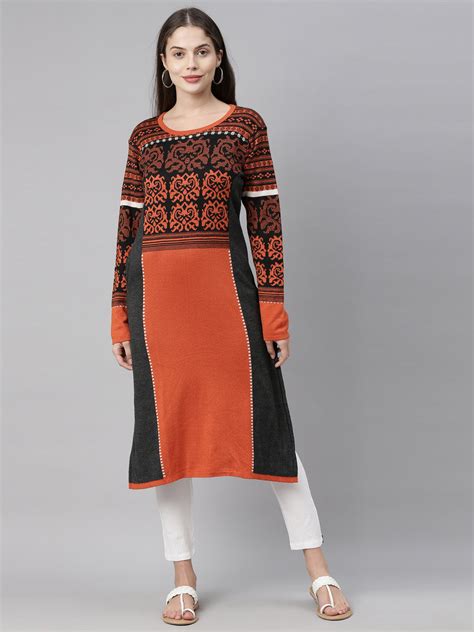 Neerus Women Black Orange Ethnic Motifs Printed Acrylic Knitted Kurta ...