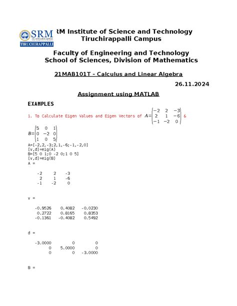CLA Assisgnment II Matlab - SRM Institute of Science and Technology ...
