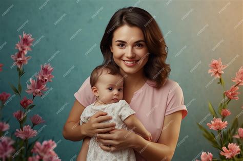 Premium Photo | A woman holding a baby and smiling with a pink flower ...