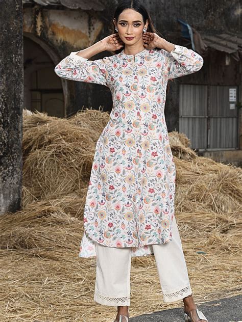 Natural Floral Print High-Low Hem Kurta with Lace – Saffron Threads