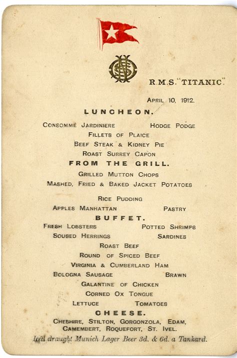 Image result for Titanic First Class Lunch Menu