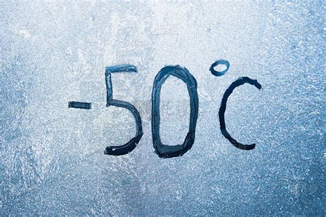 零下58华氏度或零下50摄氏度的数字字母在覆盖着冰和霜的冰玻璃上。极端寒冷天气的概念。