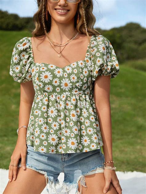 Soleia Allover Floral Print Sweetheart Neck Puff Sleeve Peplum Blouse ...