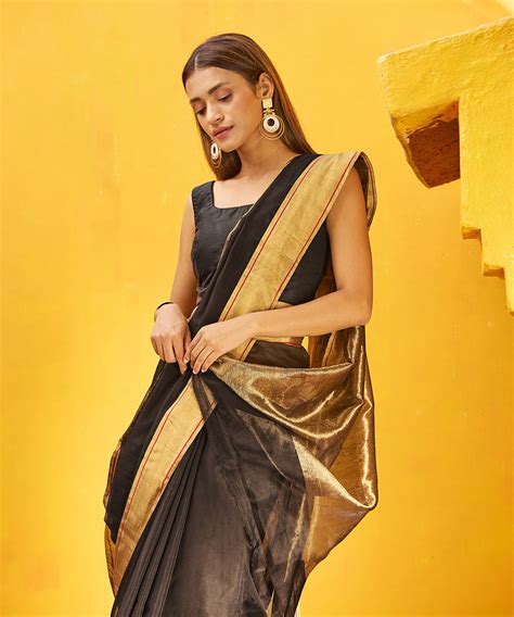 Handloom Black Pure Cotton Chanderi Saree With Gold Zari Border ...