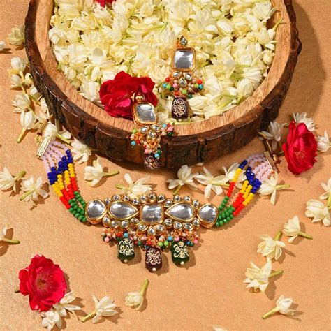 Buy SOHI Gold Plated Kundan Beaded Necklace and Earring Set Online