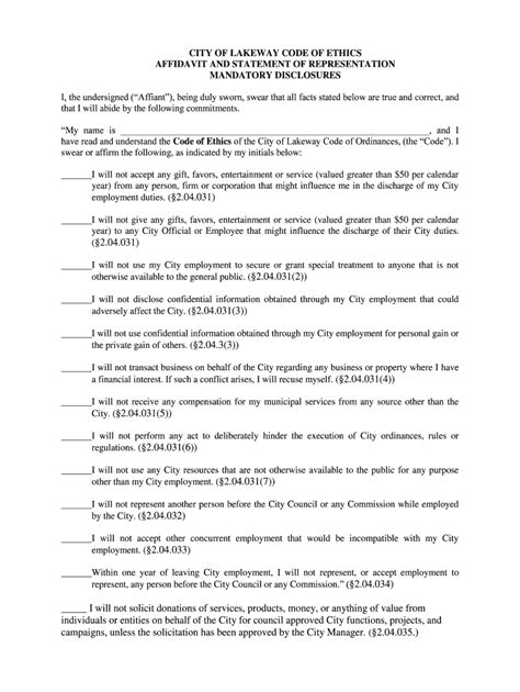 Fillable Online CITY OF LAKEWAY CODE OF ETHICS AFFIDAVIT AND STATEMENT ...
