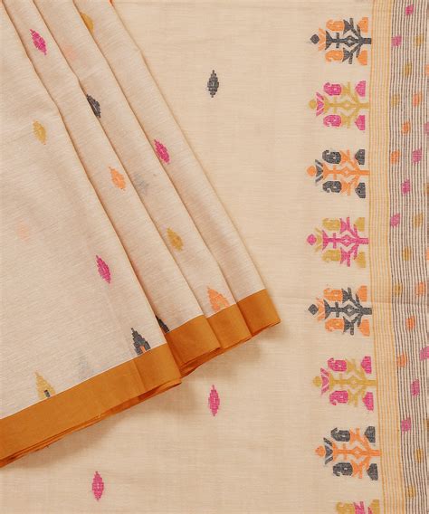 Handloom Beige Colour Cotton Jamdani Saree With Box Stripe Woven On Pa ...