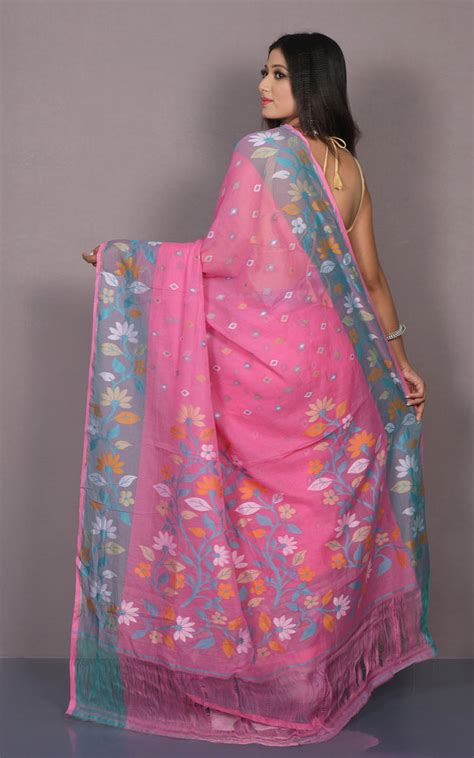 Hand Woven Work Cotton Jamdani Saree in Rose Pink, Glacier Blue and Mu ...