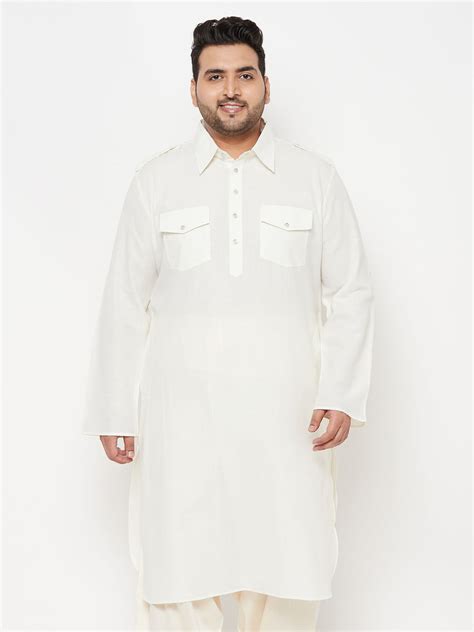Men's Plus Size Cream Cotton Blend Pathani Kurta – vastramay