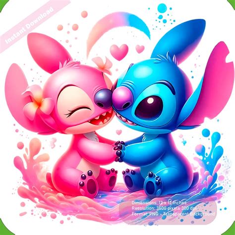 Stitch and Angel Kiss PNG Love Cute Splash Watercolor Aesthetic Clipart ...
