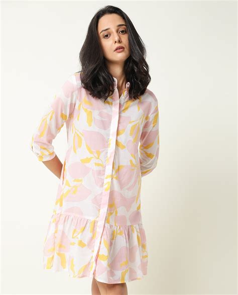 Rareism Women's Champ Pink Cotton High Neck Abstract Print Knee Length