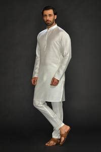 Buy White Silk Cotton Woven And Embroidered Thread Work Mandarin Collar ...