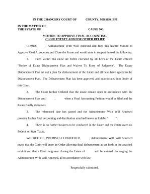 Motion to Approve Final Accounting and Close Estate - Blank Fillable ...