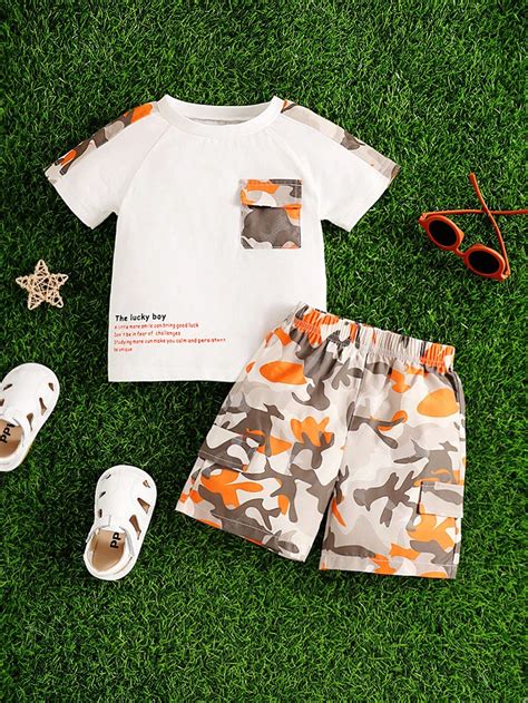 Baby Boy Camo Print Flap Pocket Raglan Sleeve Tee & Shorts | Baby boy ...