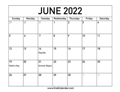 Printable June 2022 Calendar