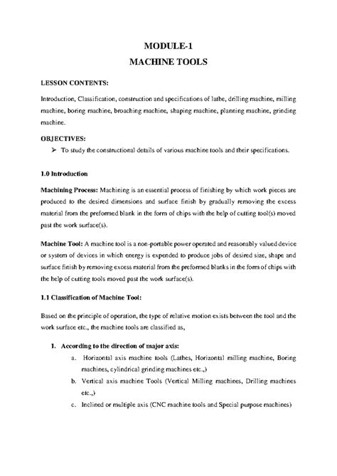 Machine Tools (ENG-101): Comprehensive Lesson Notes on Specifications ...