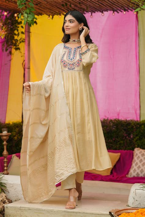 Shop Beige Mul Chanderi Embroidered Anarkali Suit Set | Scakhi – SCAKHI
