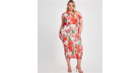 QUIZ Curve Multicoloured Floral Print One Shoulder Midi Dress | New Look