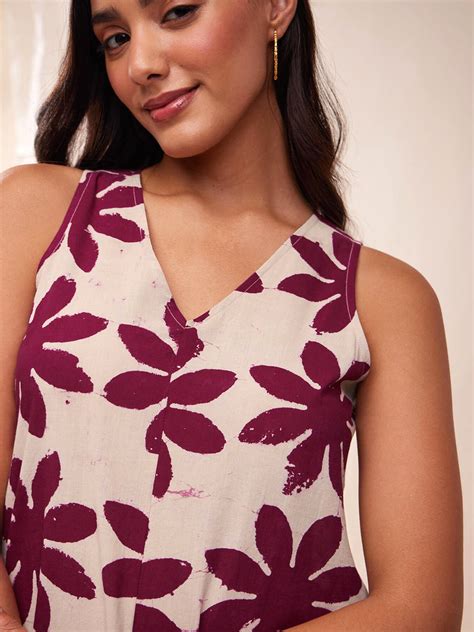 Buy Cream & Wine Cotton Dabu Handblock Floral Dress Online | Pink Fort ...