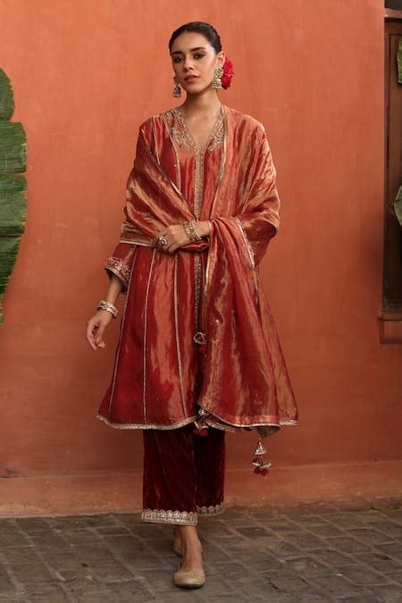 Buy Orange Kurta Tissue Silk Embroidered Dabka V Neck Raya Anarkali ...