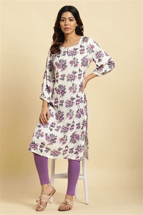 Buy Ecru Relaxed Fit Straight Kurta with Purple Floral Print @ 2299 | W ...