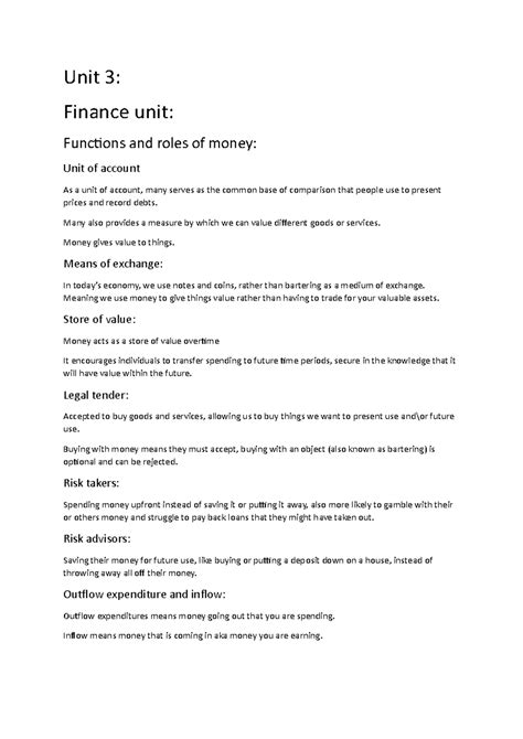 Unit 3 finance unit - Unit 3: Finance unit: Functions and roles of ...