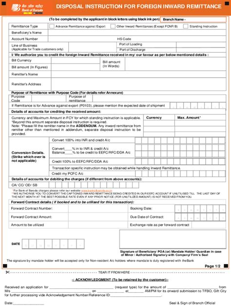 Foreign Inward Remittance Disposal Instruction - Blank Fillable ...