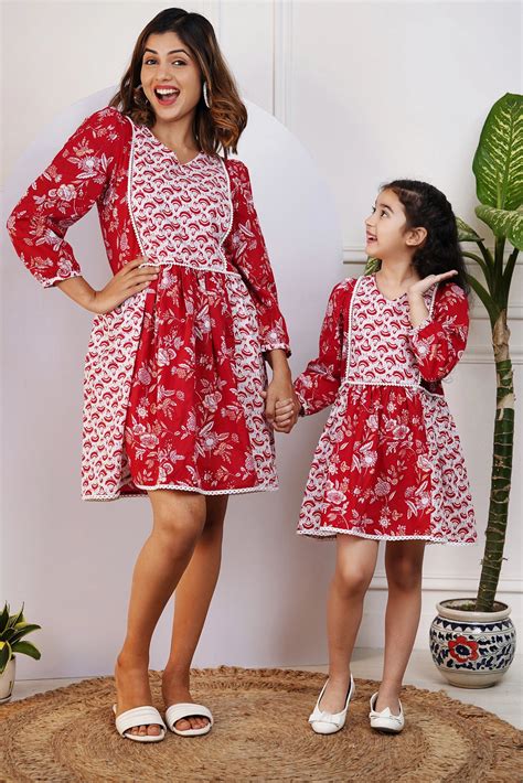 Matching Red and White Printed Dresses for Mom and Daughter
