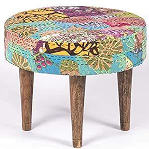 Ikiriya Solid Wood Multicolor Kantha Cushioned Stool - Patchwork ...