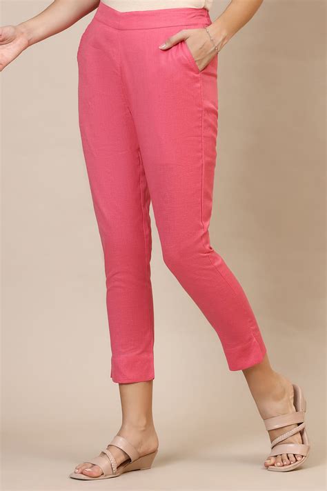 Buy Pink Solid Straight Fit Cotton Trousers With Elasticated Waist ...