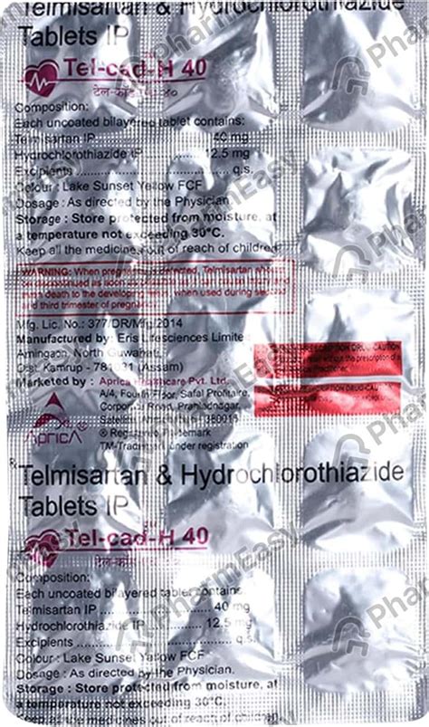 Tel Cad H 40mg Strip Of 15 Tablets: Uses, Side Effects, Price & Dosage ...