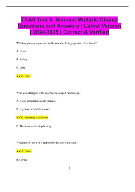 TEAS Test 6, Science Multiple Choice Questions and Answers | Latest ...