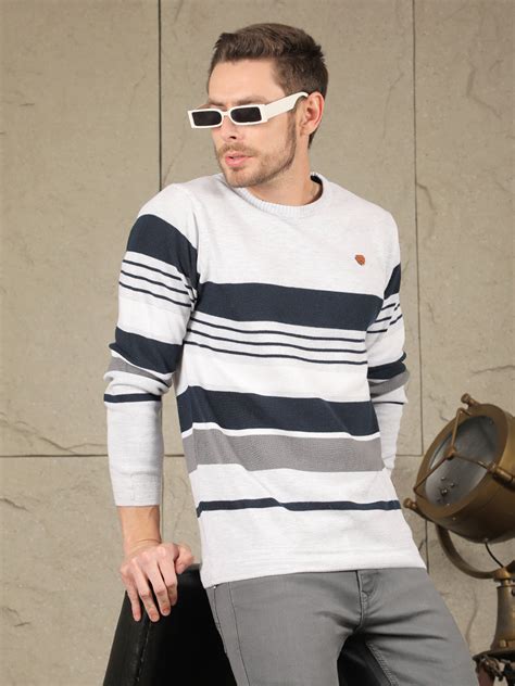 Cobb Light Grey Striped Round Neck Sweater | Cozy & Stylish ...