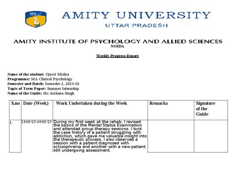 MA Clinical Psychology Semester 2: Weekly Progress Report on Summer ...