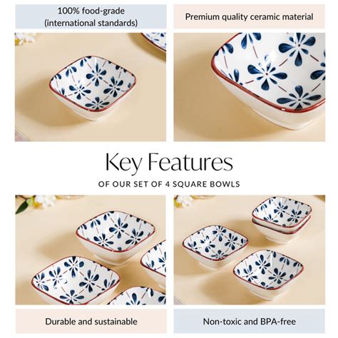 Floral Square Ceramic Bowls Set Of 4 Blue 300ml Online - Premium Snack ...