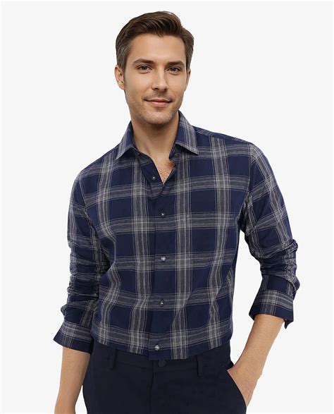 Rare Rabbit Men's Zinga Navy Cotton Checked Print Regular Fit Full Sle